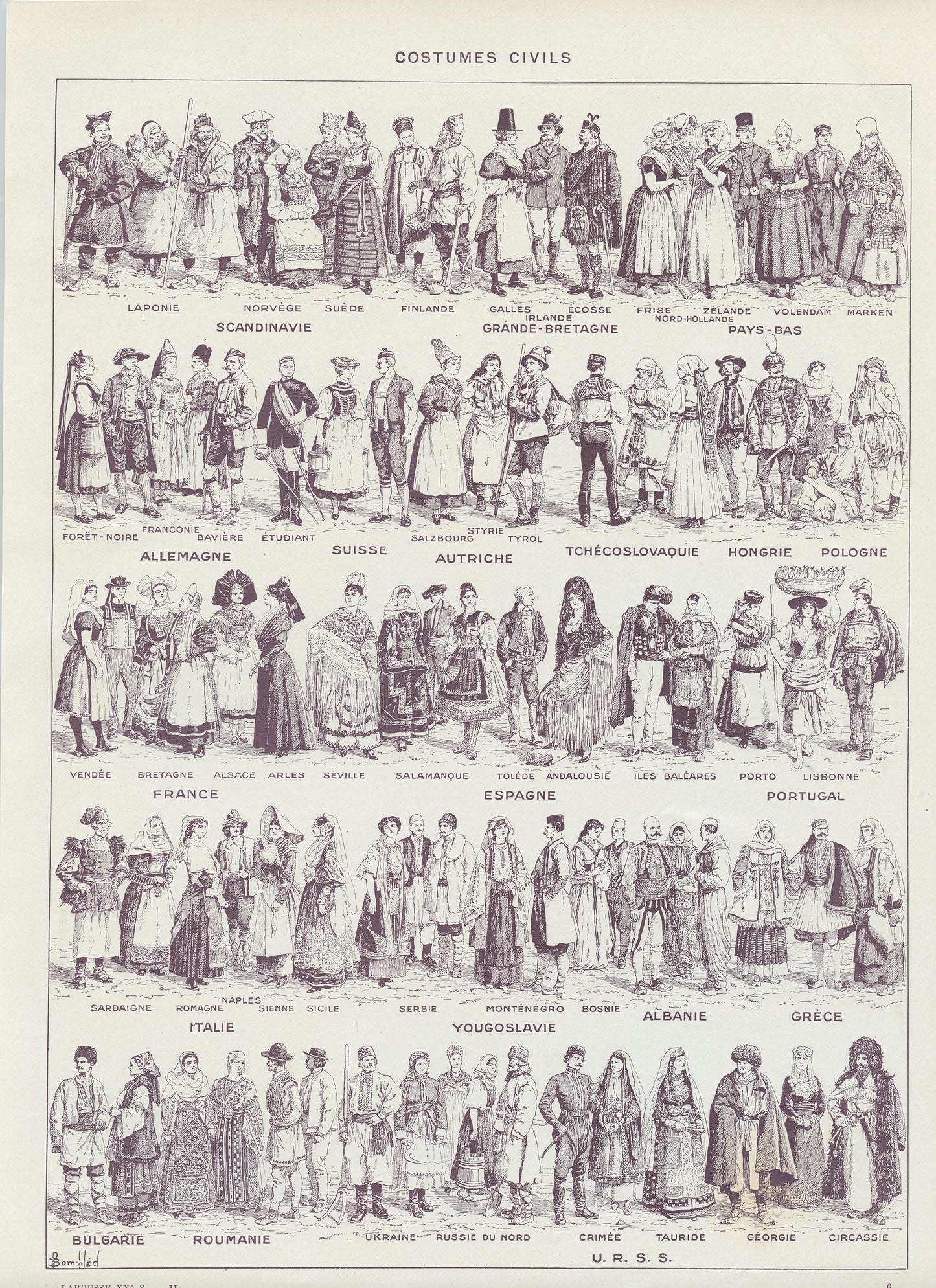 1936 Antiquité-17ème siècle Illustration de costumes civils.