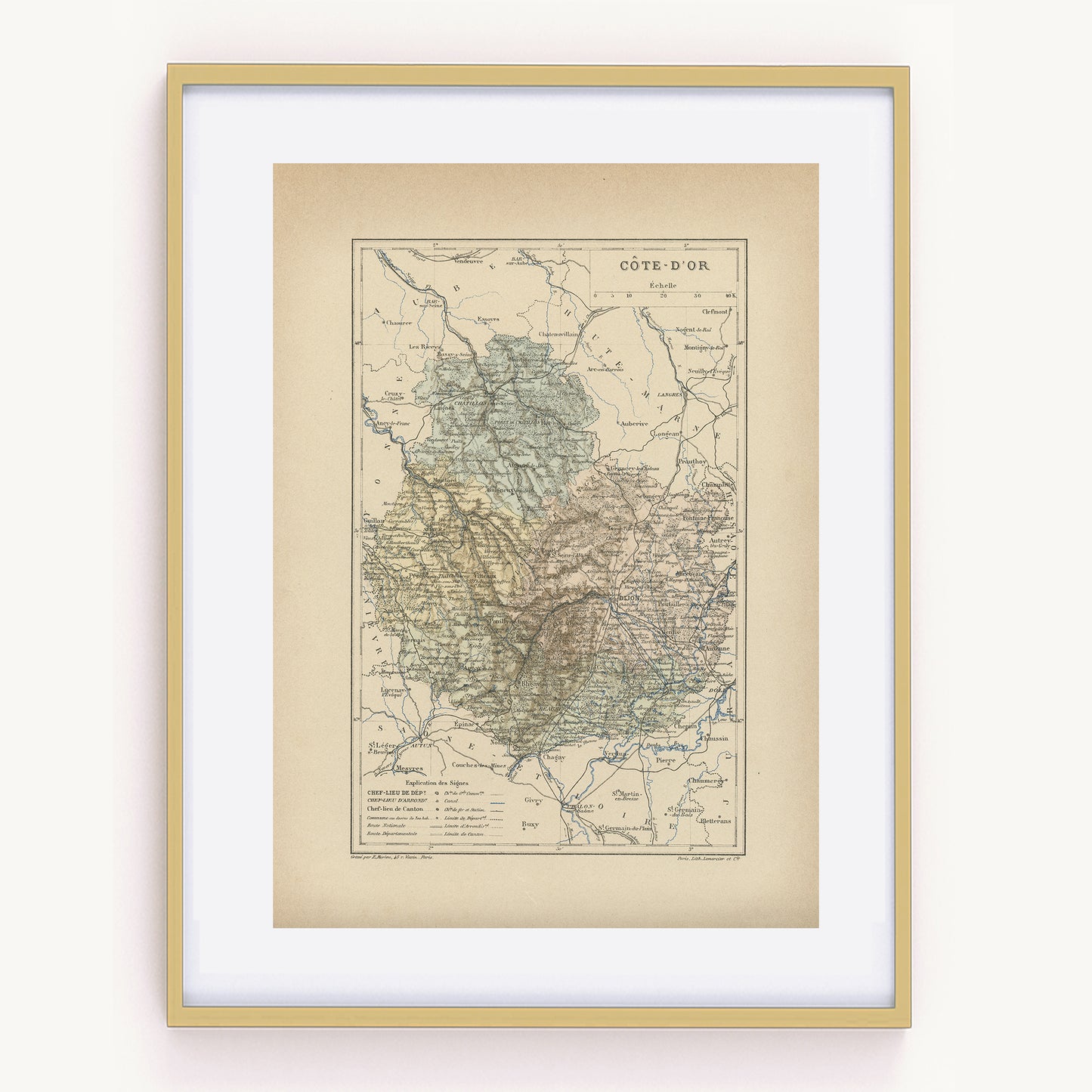 1892 Antique Map of Cote d'Or - France