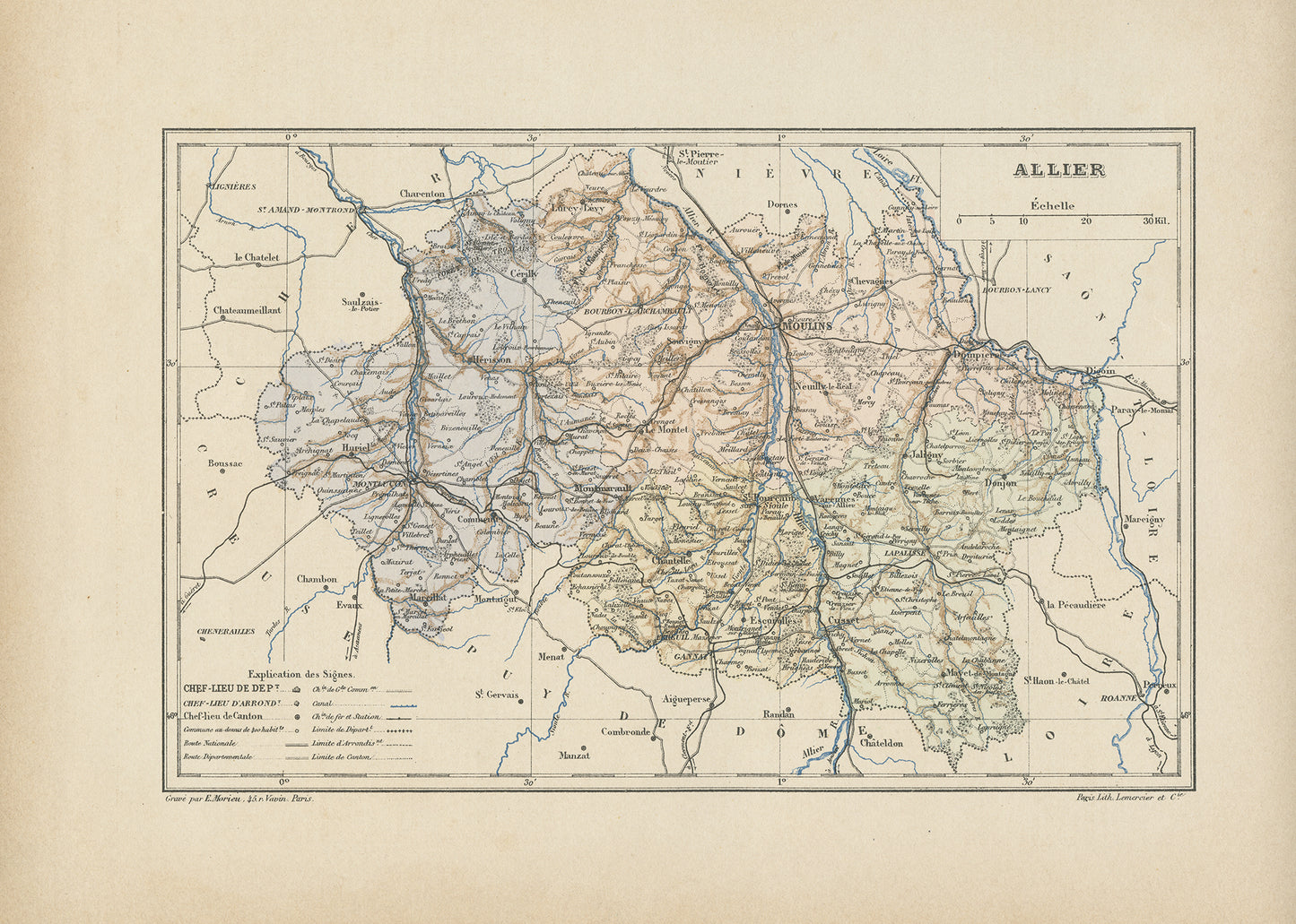 1892 Antique Allier Map - France