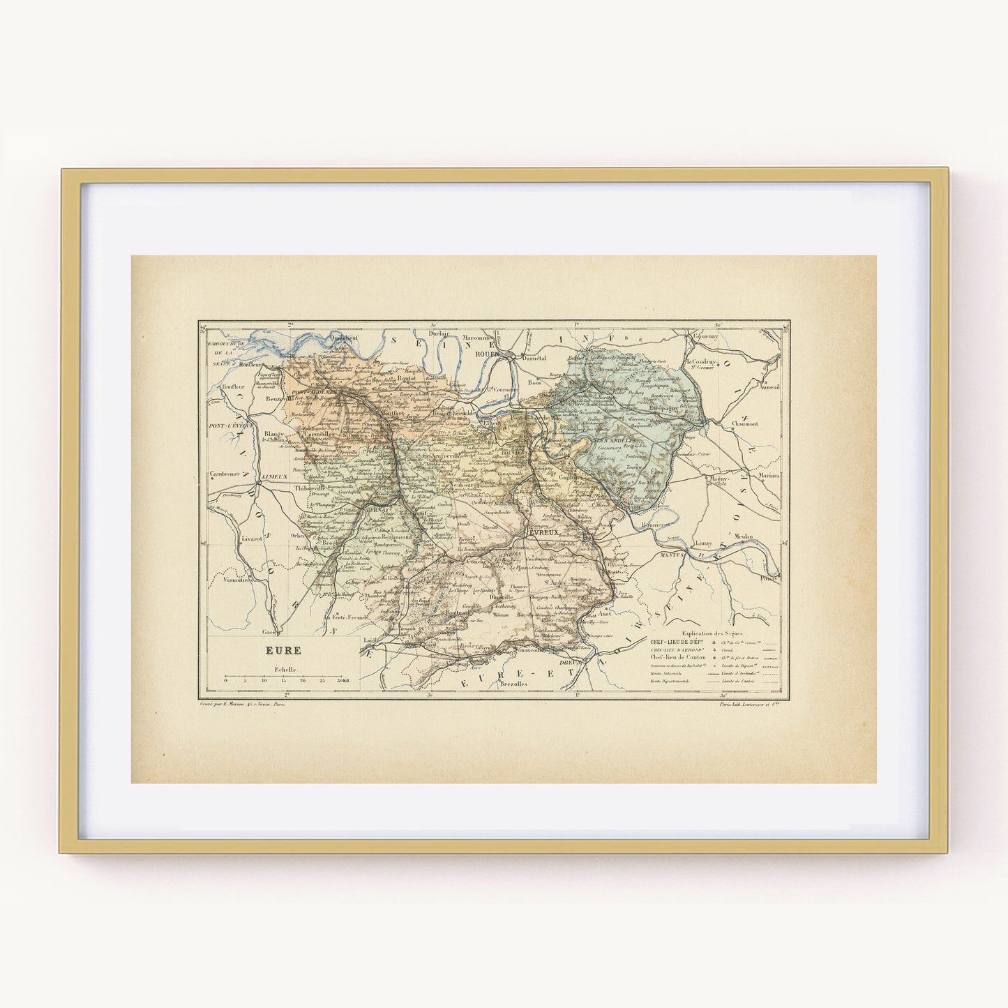 1892 Antique Eure Map - France