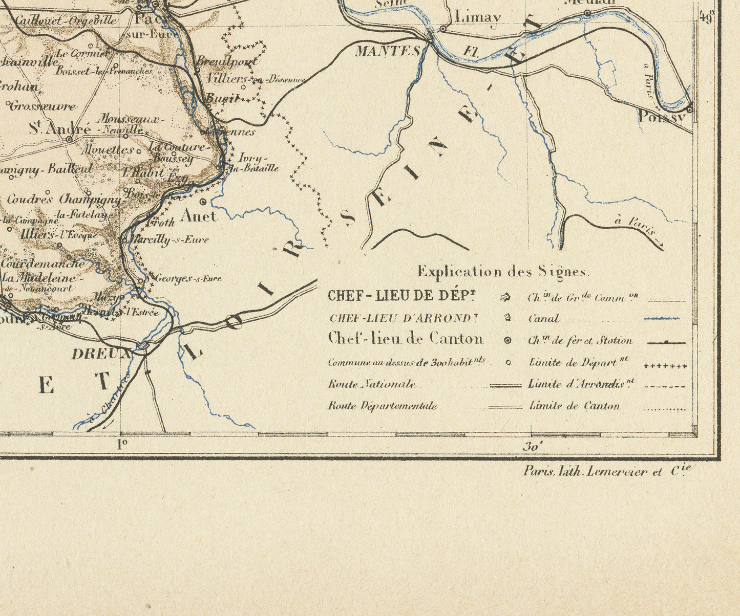 1892 Antique Eure Map - France