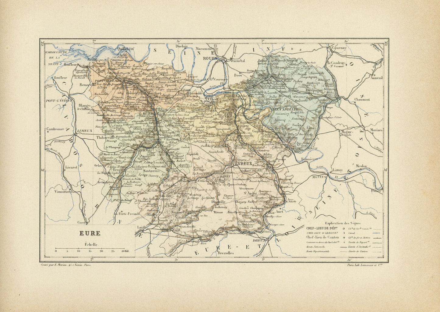 1892 Antique Eure Map - France