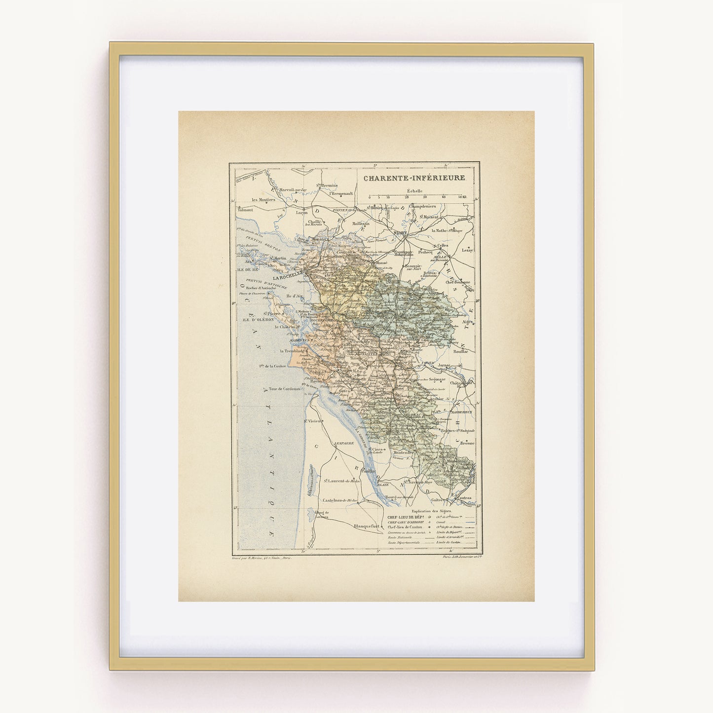 1892 Antique Map of Charente Inférieure / Maritime