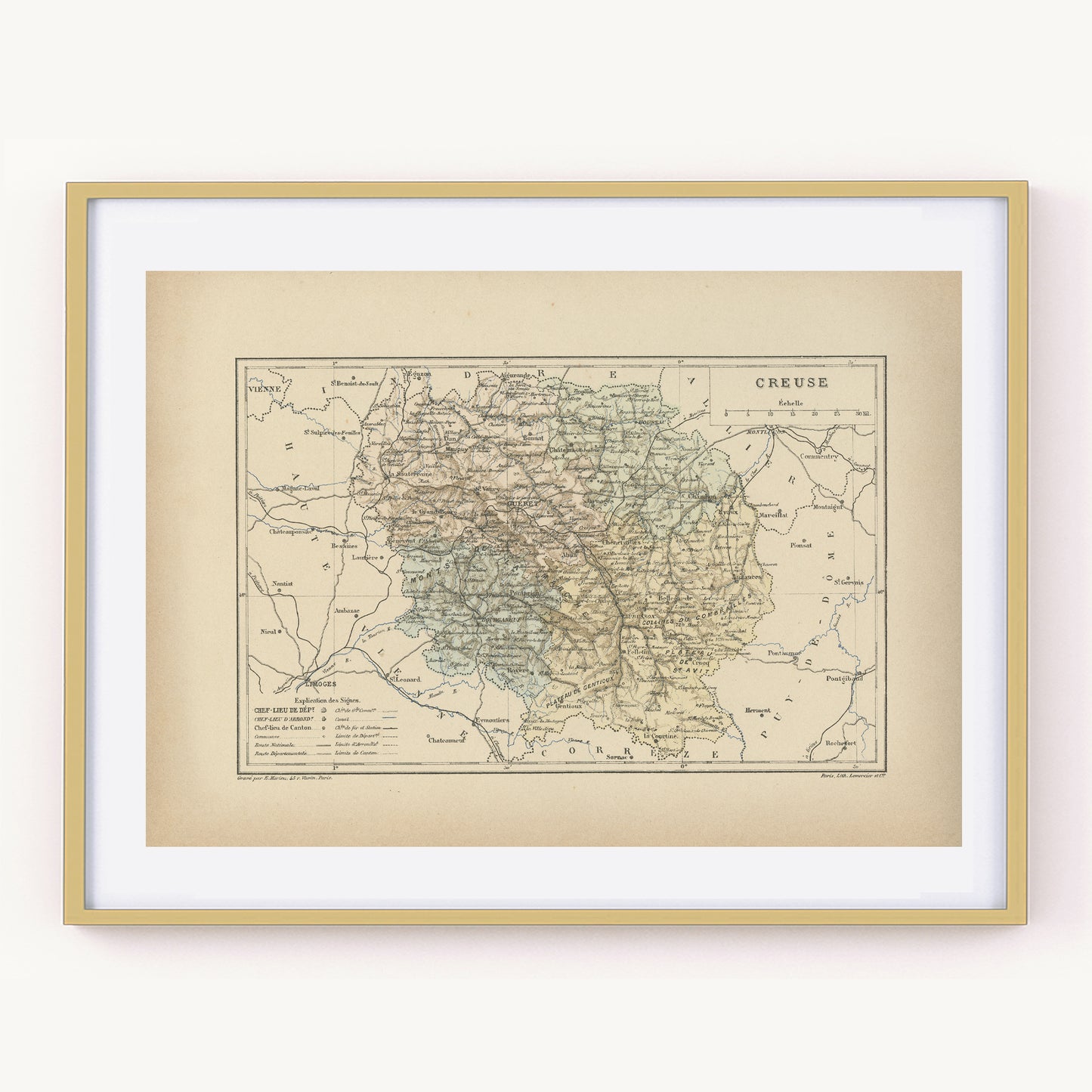 1892 Antique map of Creuse - France