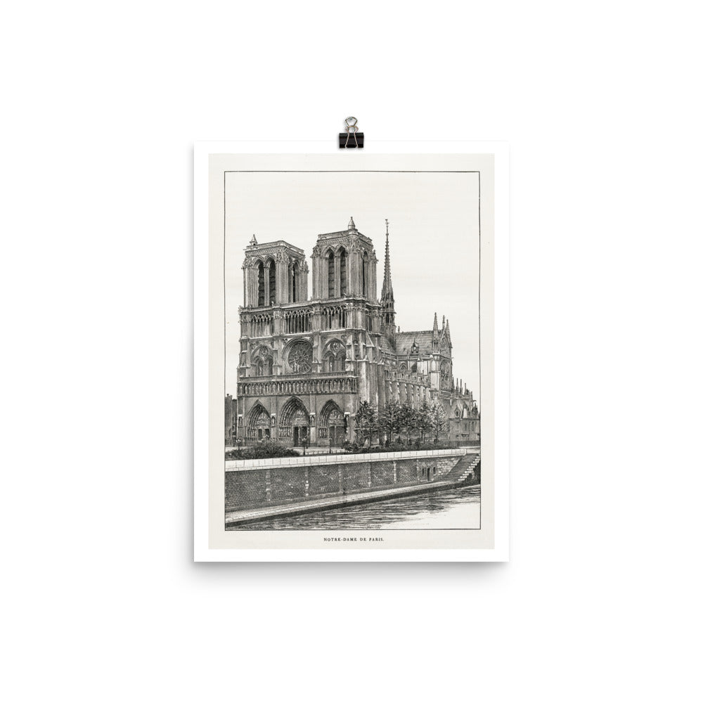 12x16 inches poster of notre dame de paris church. Reprint of antique drawing