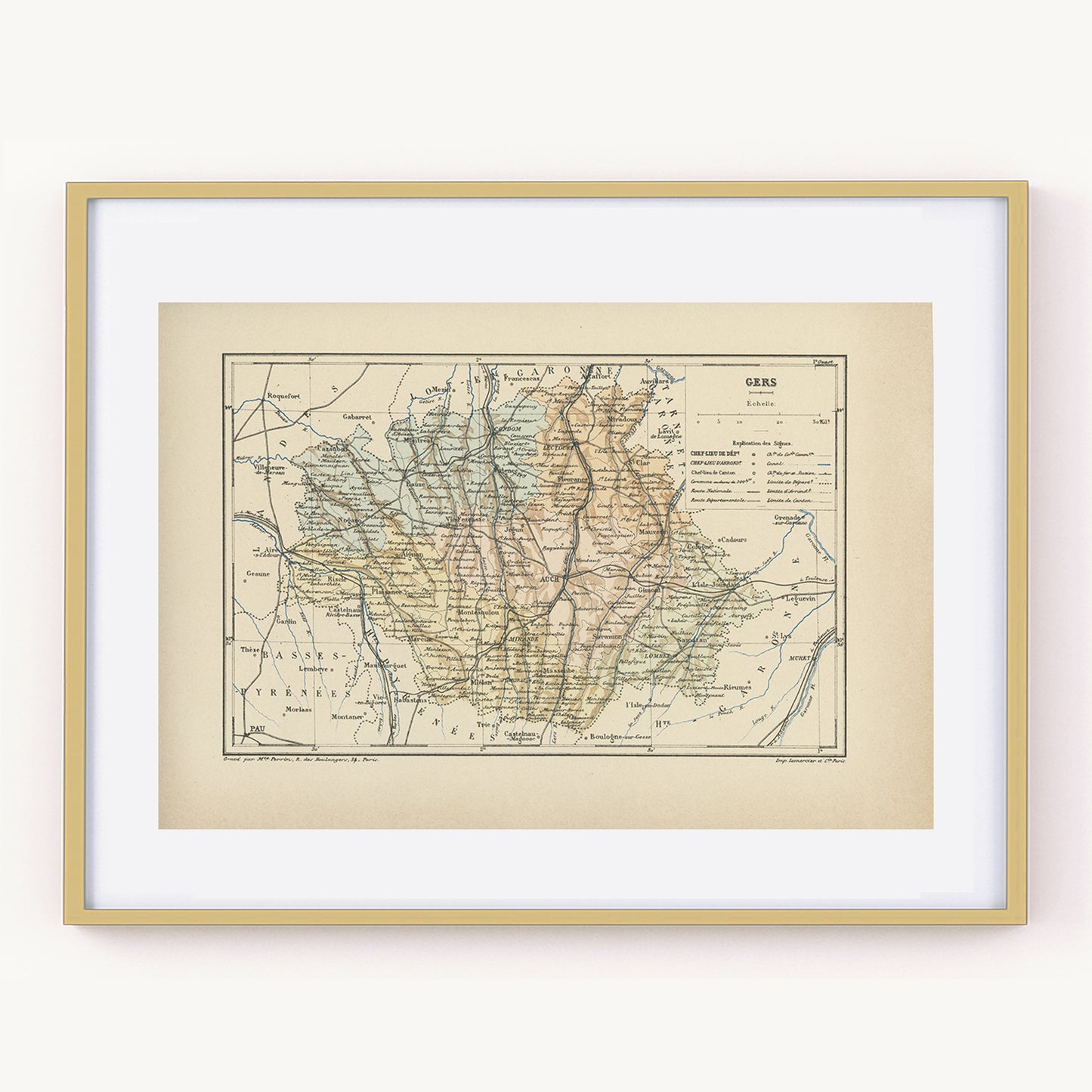 1892 Antique Gers Map - France Departement