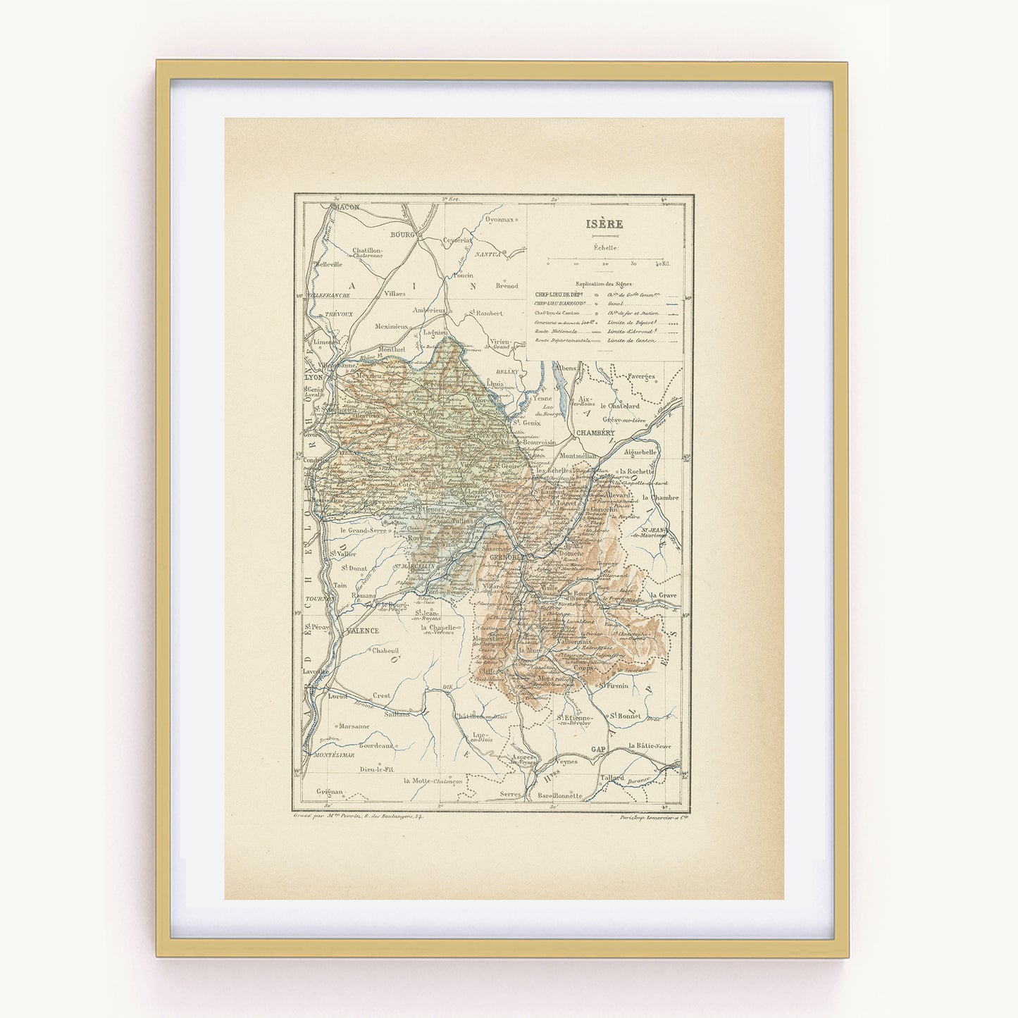 1892 Antique Isère Map - France