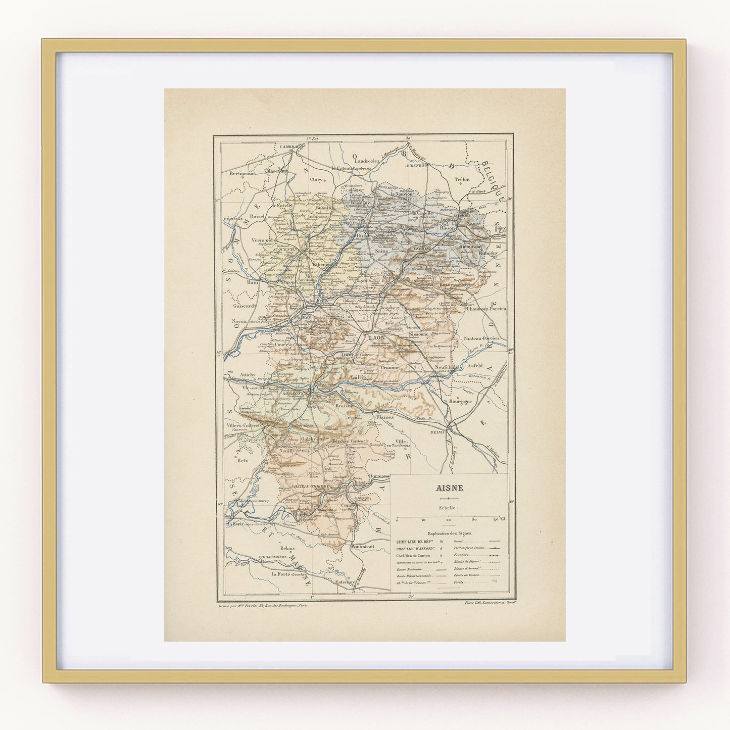 1892 Antique Aisne Map - French department