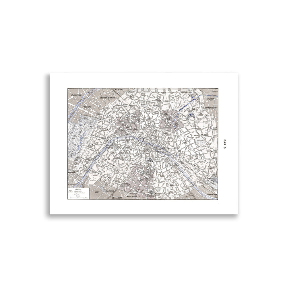 Large sepia & blue Paris map poster
