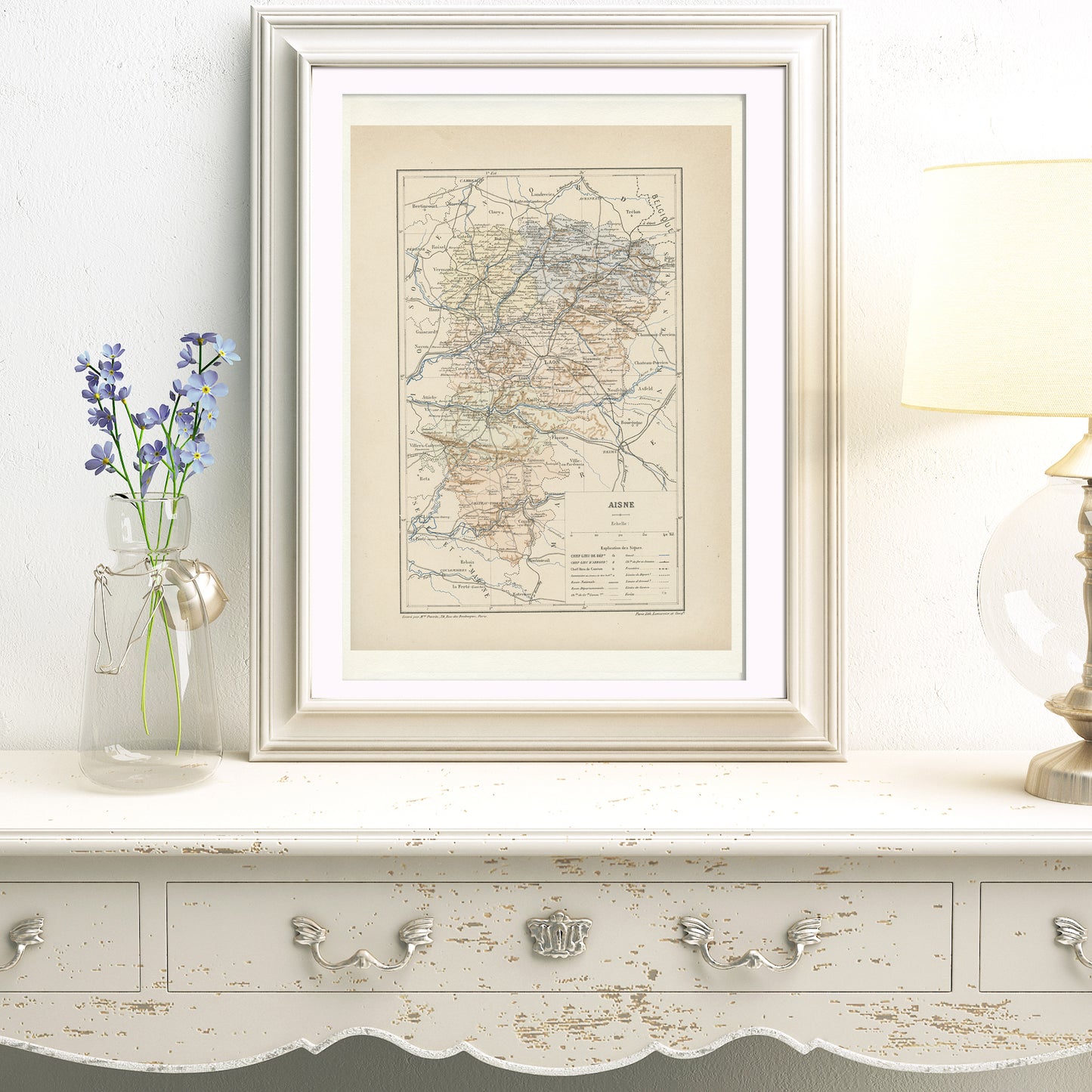 1892 Antique Aisne Map - French department