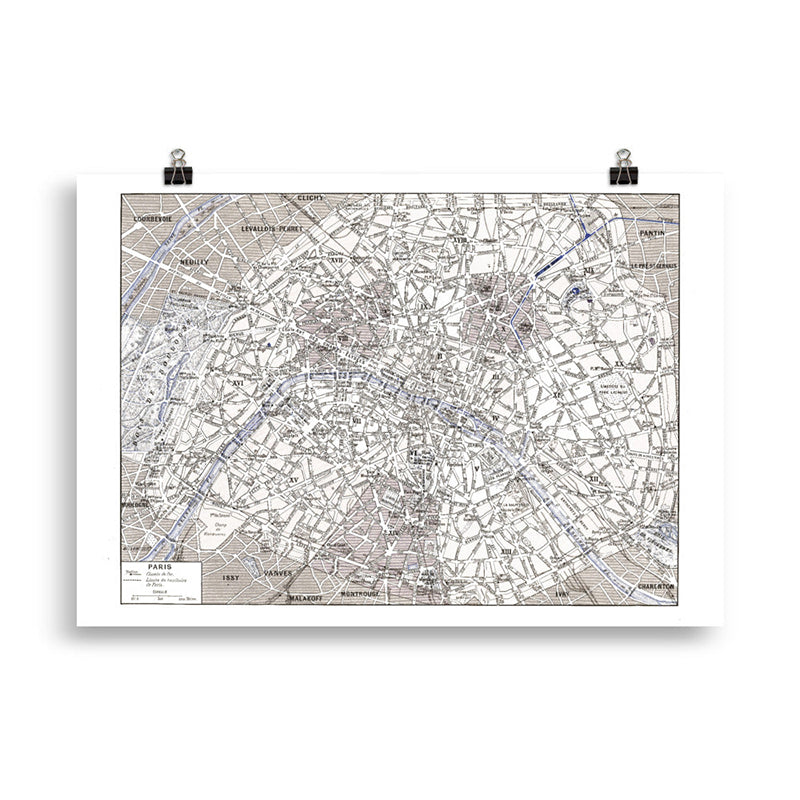 Large sepia & blue Paris map poster