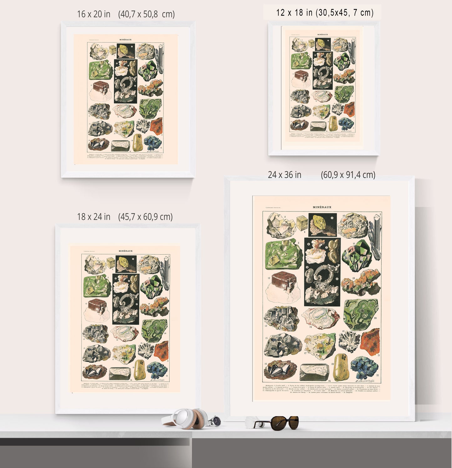 Large rocks and minerals poster on off-white background