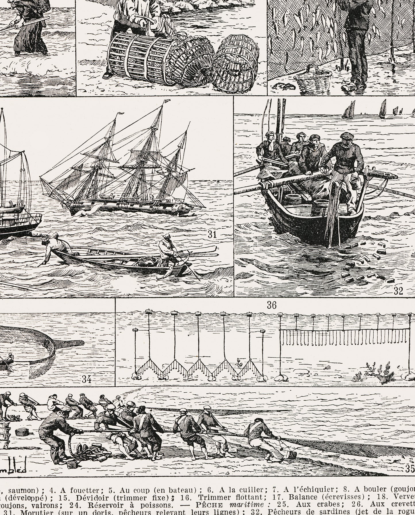 Large fishing wall art poster in black and white