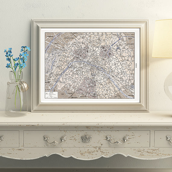 Large sepia & blue Paris map poster