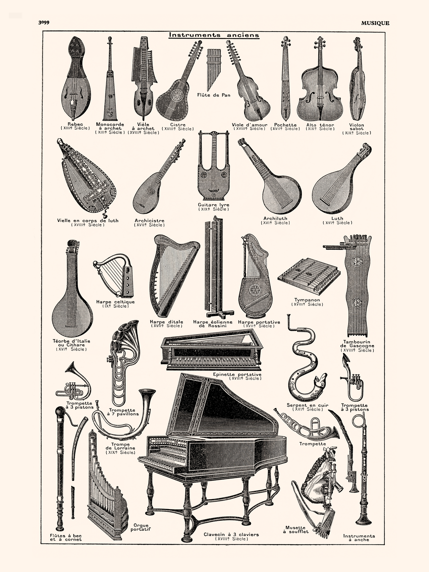 Large antique ancient musical instruments poster