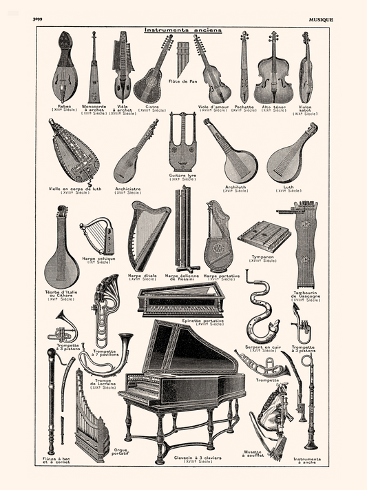 Large antique ancient musical instruments poster