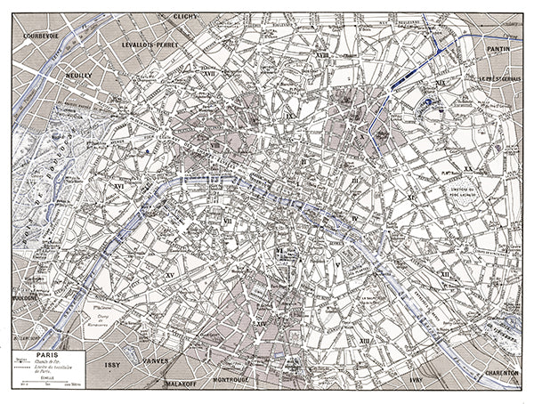 Large sepia & blue Paris map poster