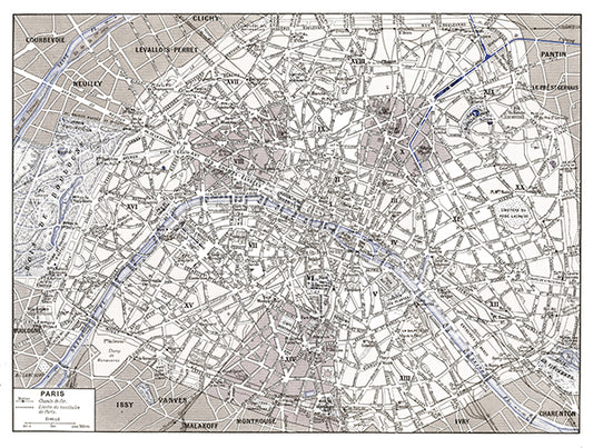Large sepia & blue Paris map poster