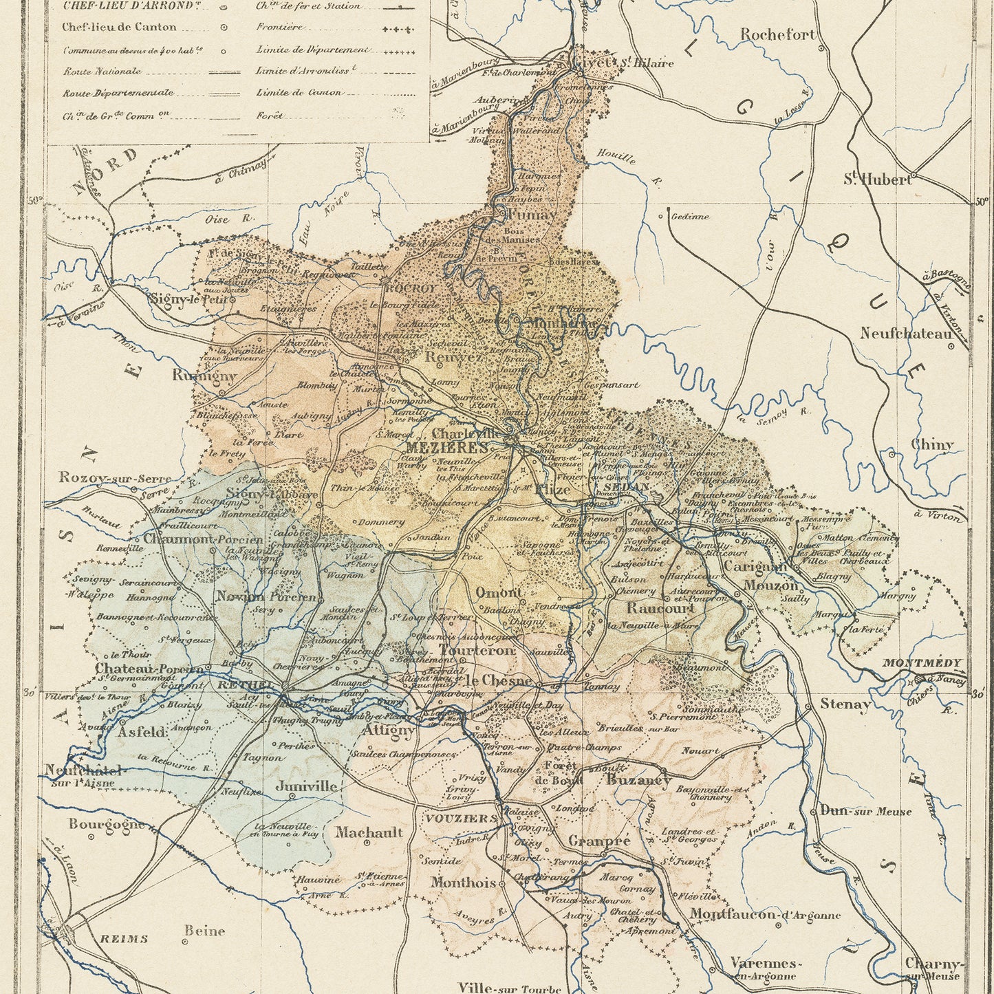 1892 Antique Ardennes Map - France