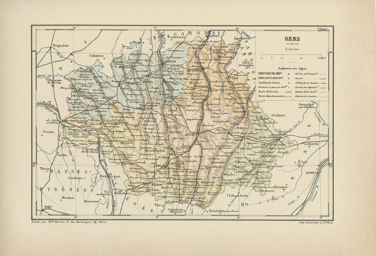 1892 Antique Gers Map - France Departement