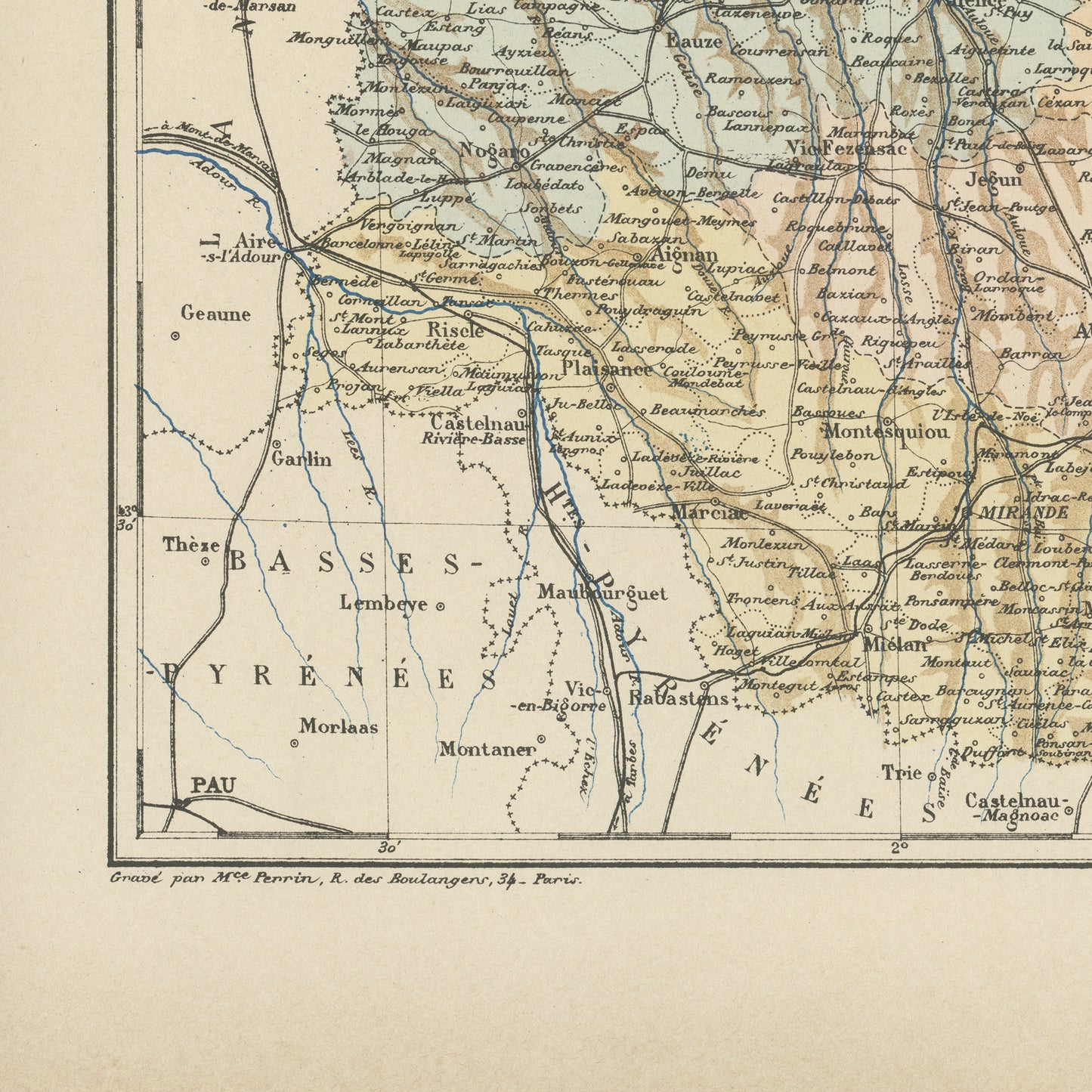 1892 Antique Gers Map - France Departement