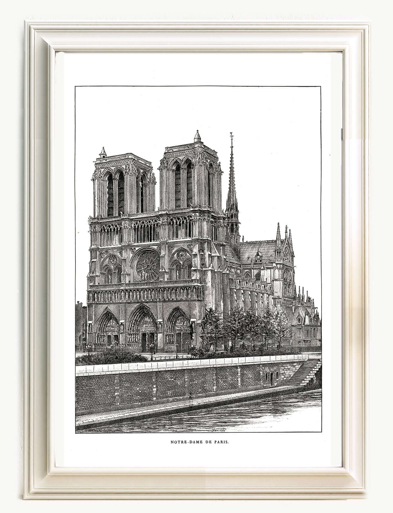 large black and white poster of cathedral notre dame de paris and the seine river