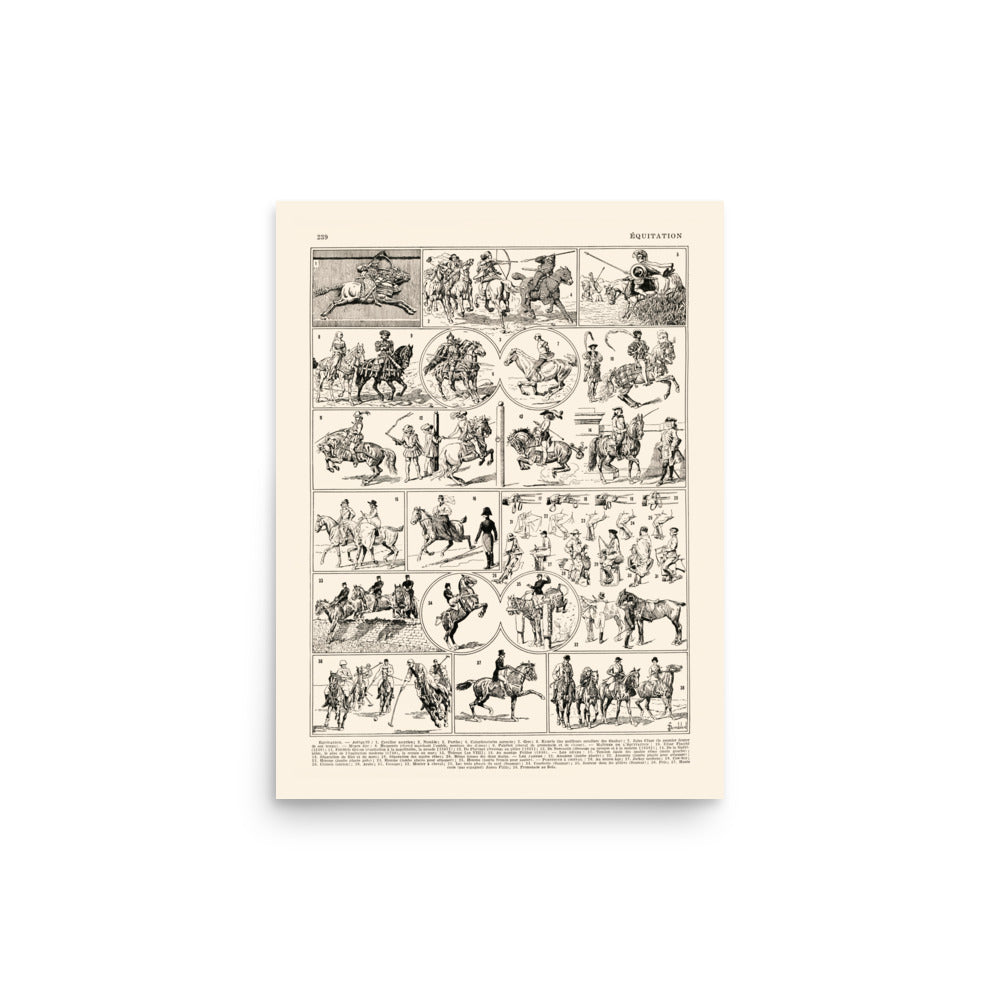 Black and white horse riding poster for vintage equestrian decor