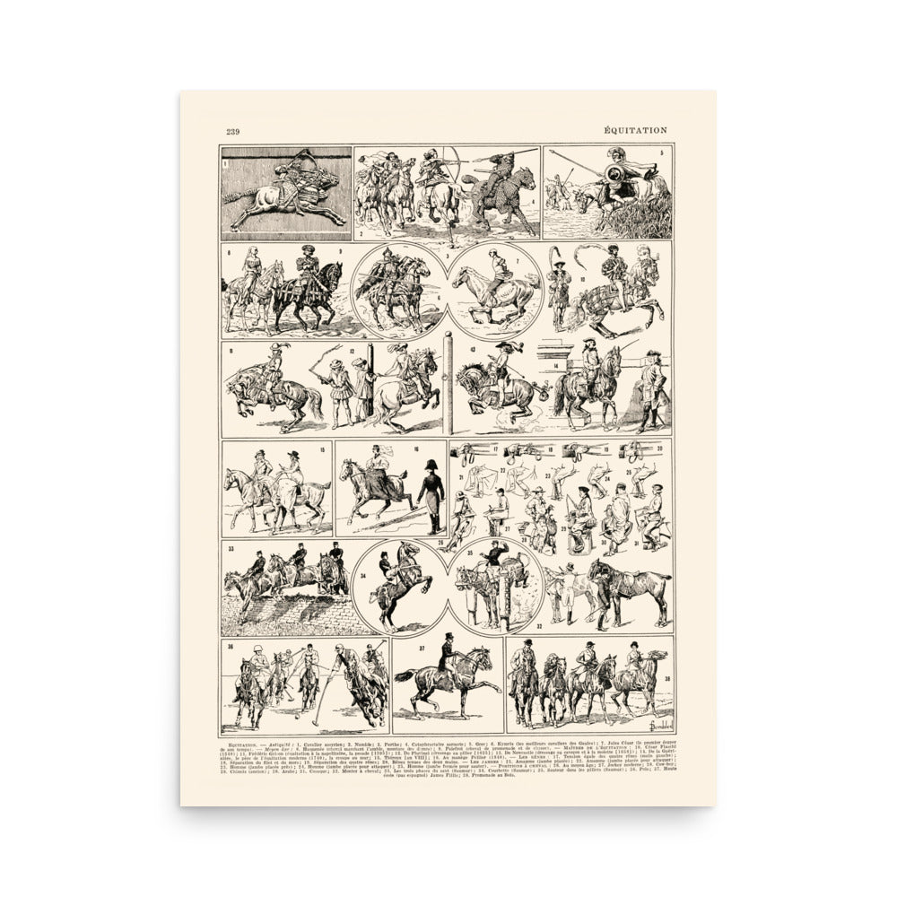 Black and white horse riding poster for vintage equestrian decor