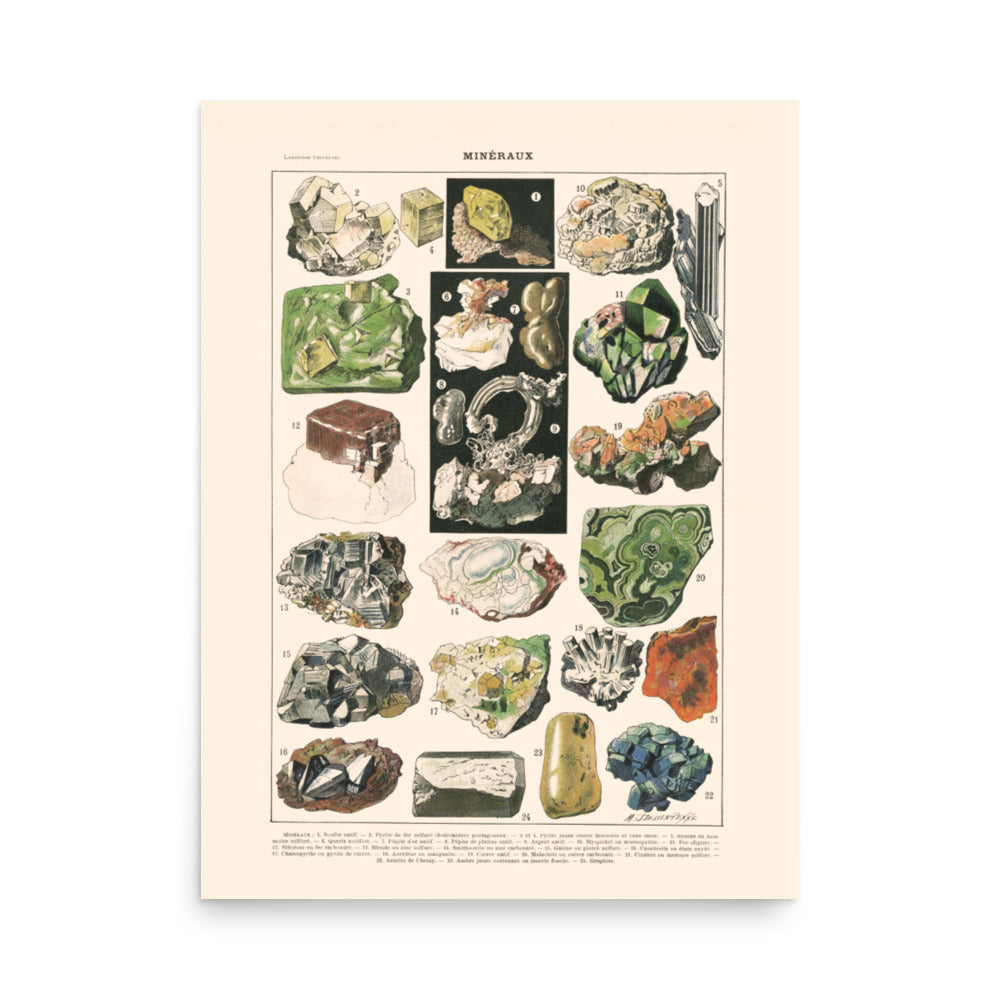 Large rocks and minerals poster on off-white background
