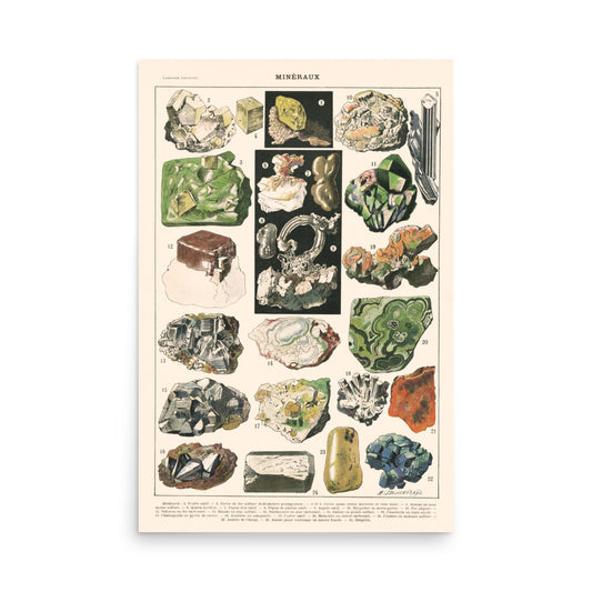 Large rocks and minerals poster on off-white background