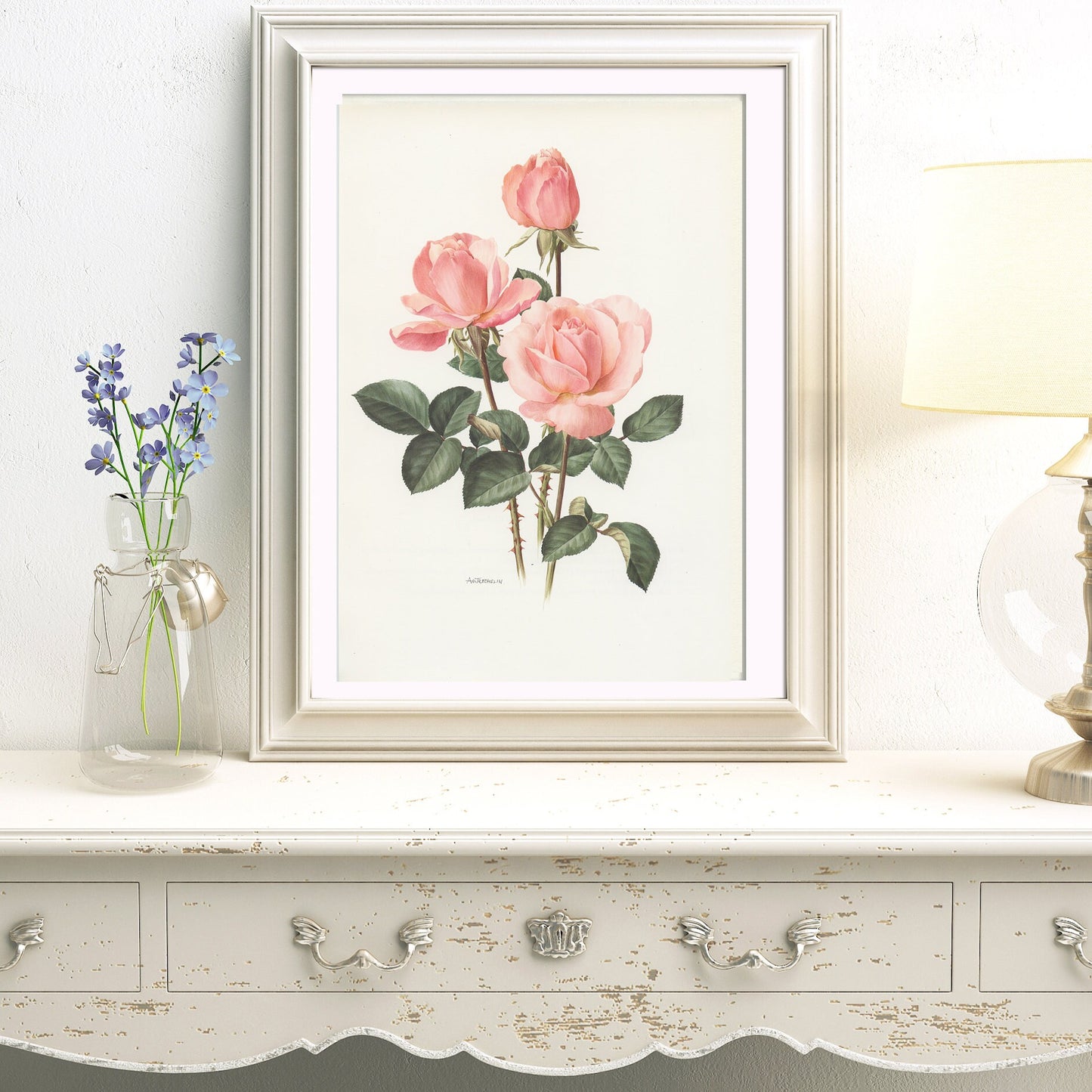 Pale pink Castel Versailles botanical Rose print from 1985. Vintage rose art print, vintage botanical art botanical poster print pink roses