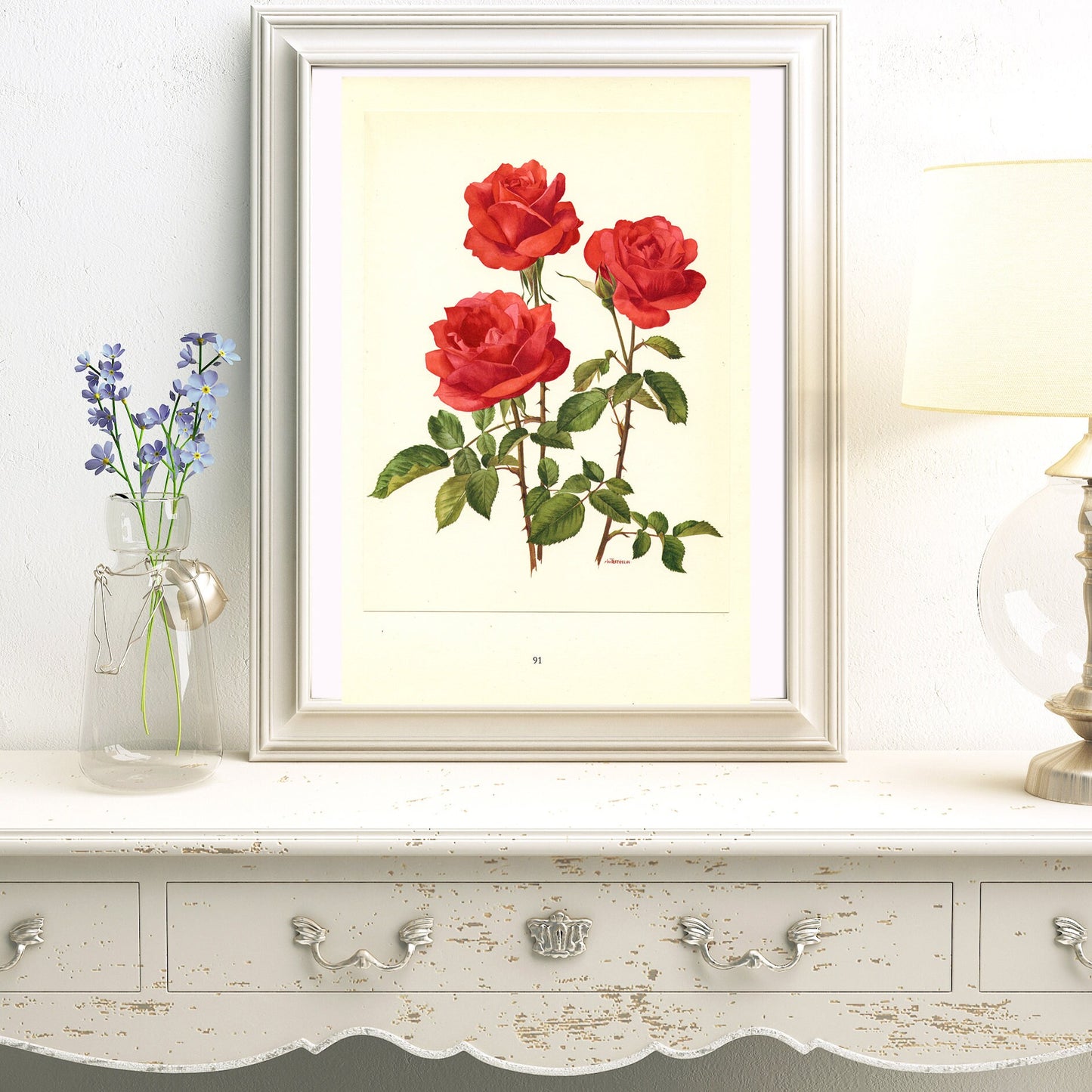 1962 Antique rose print. Red botanical rose print. Vintage red rose art print. Romantic gift. French roses print. Deep red rose print