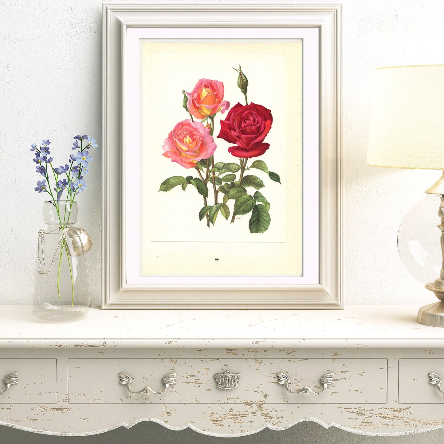 1962 Chrysler Imperial + Love Song Roses art. Vintage Botanical art. Floral print. French country decor. Botanical poster. Romantic decor