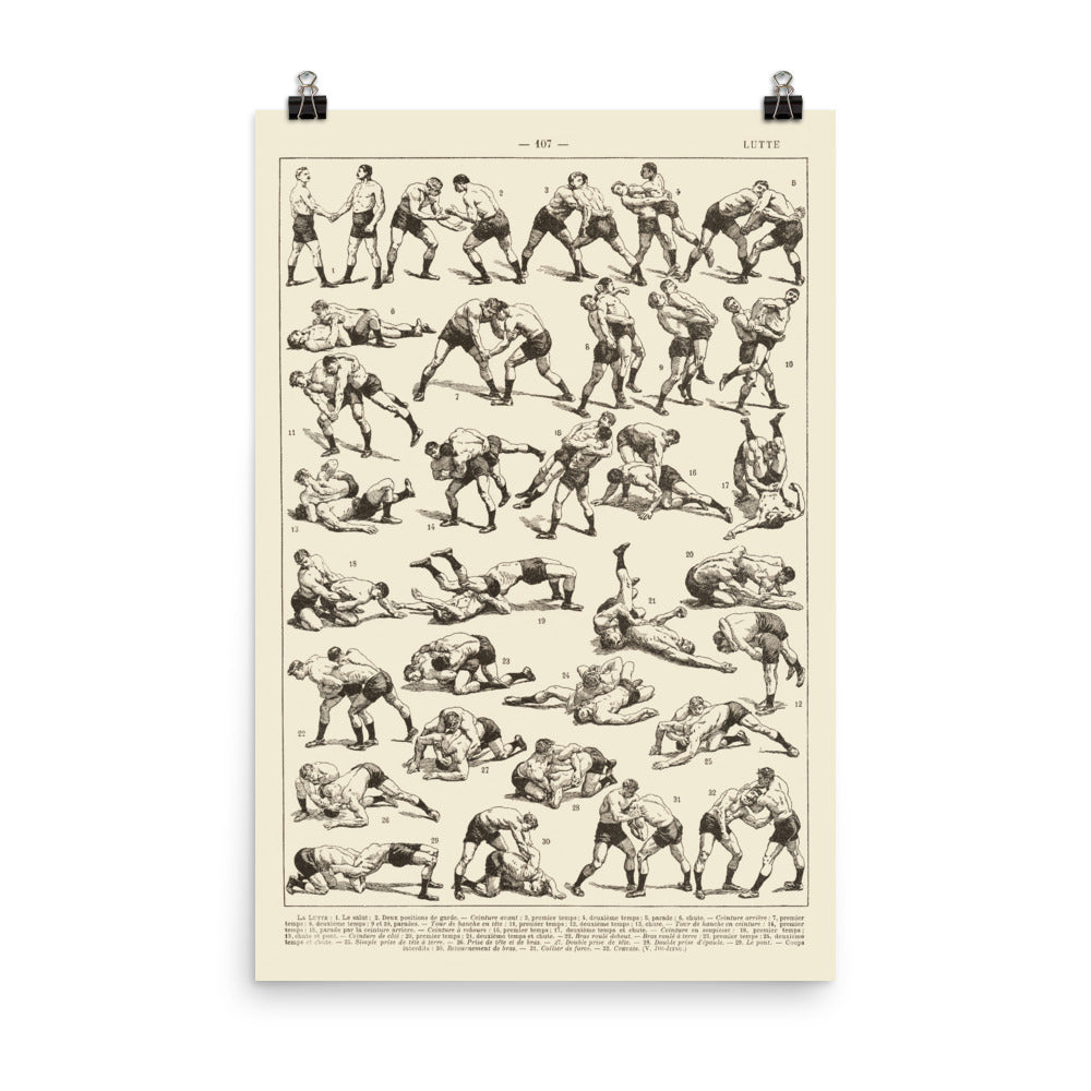 Large wrestling poster with linen-tinted background created from antique French dictionary plate