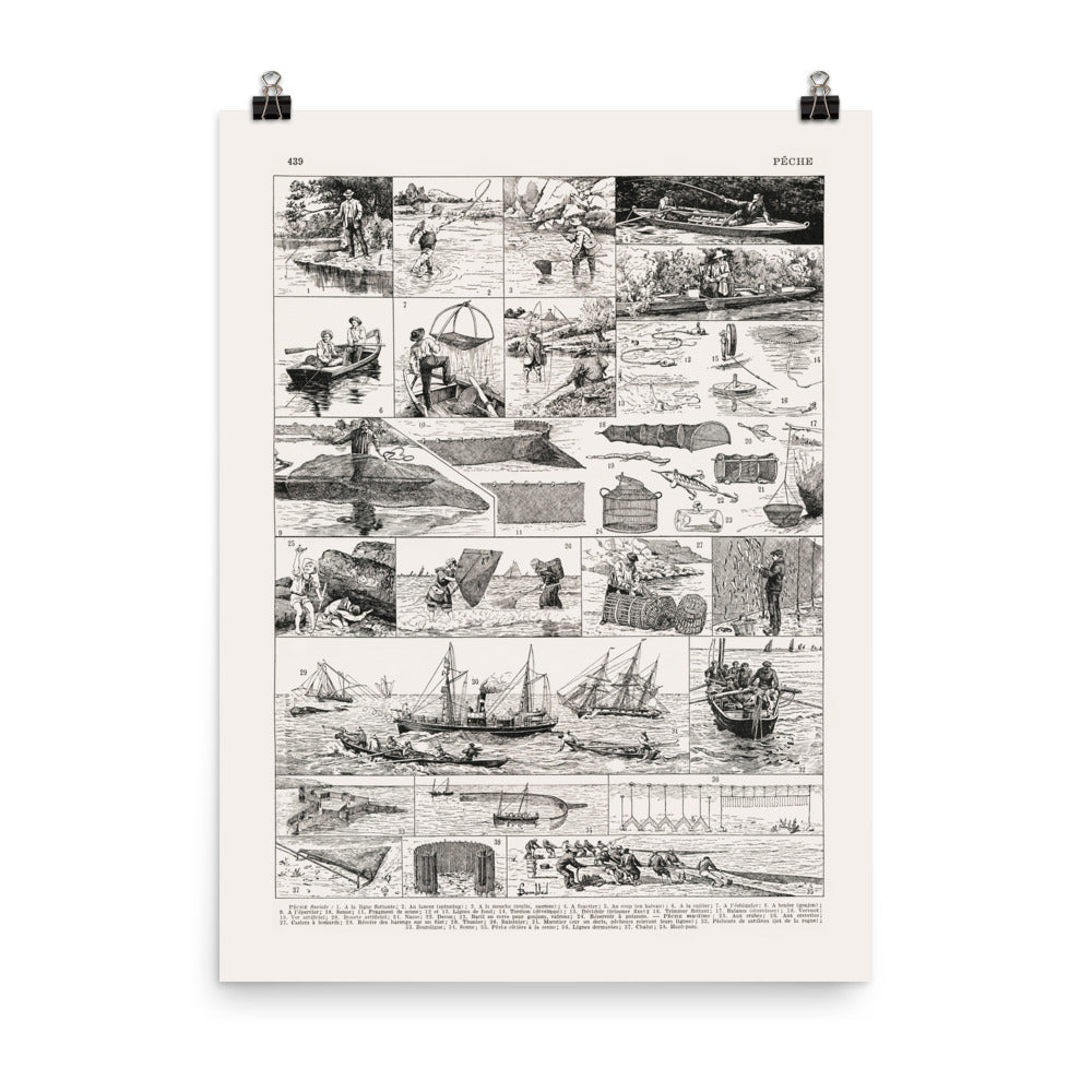 Large fishing wall art poster in black and white