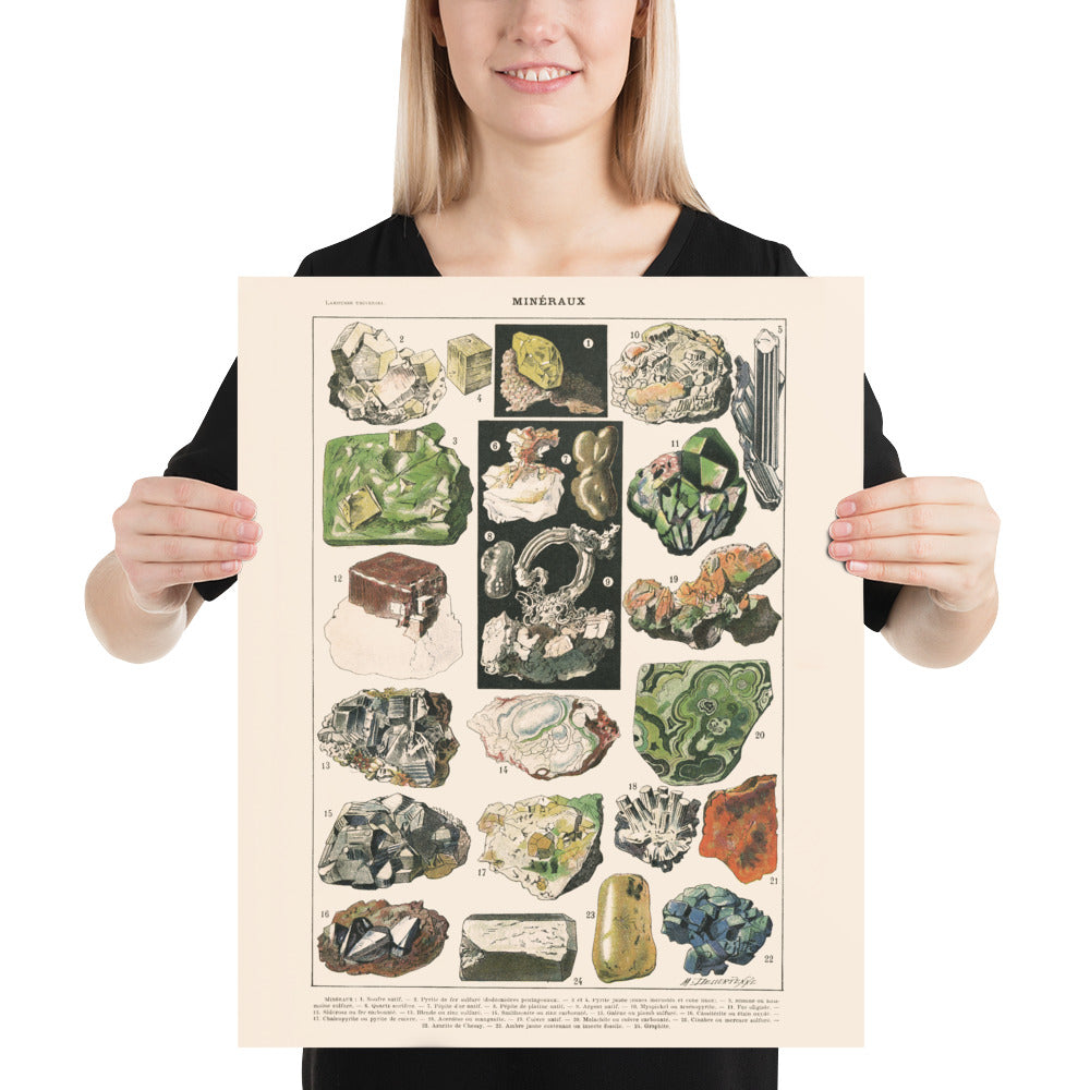 Large rocks and minerals poster on off-white background