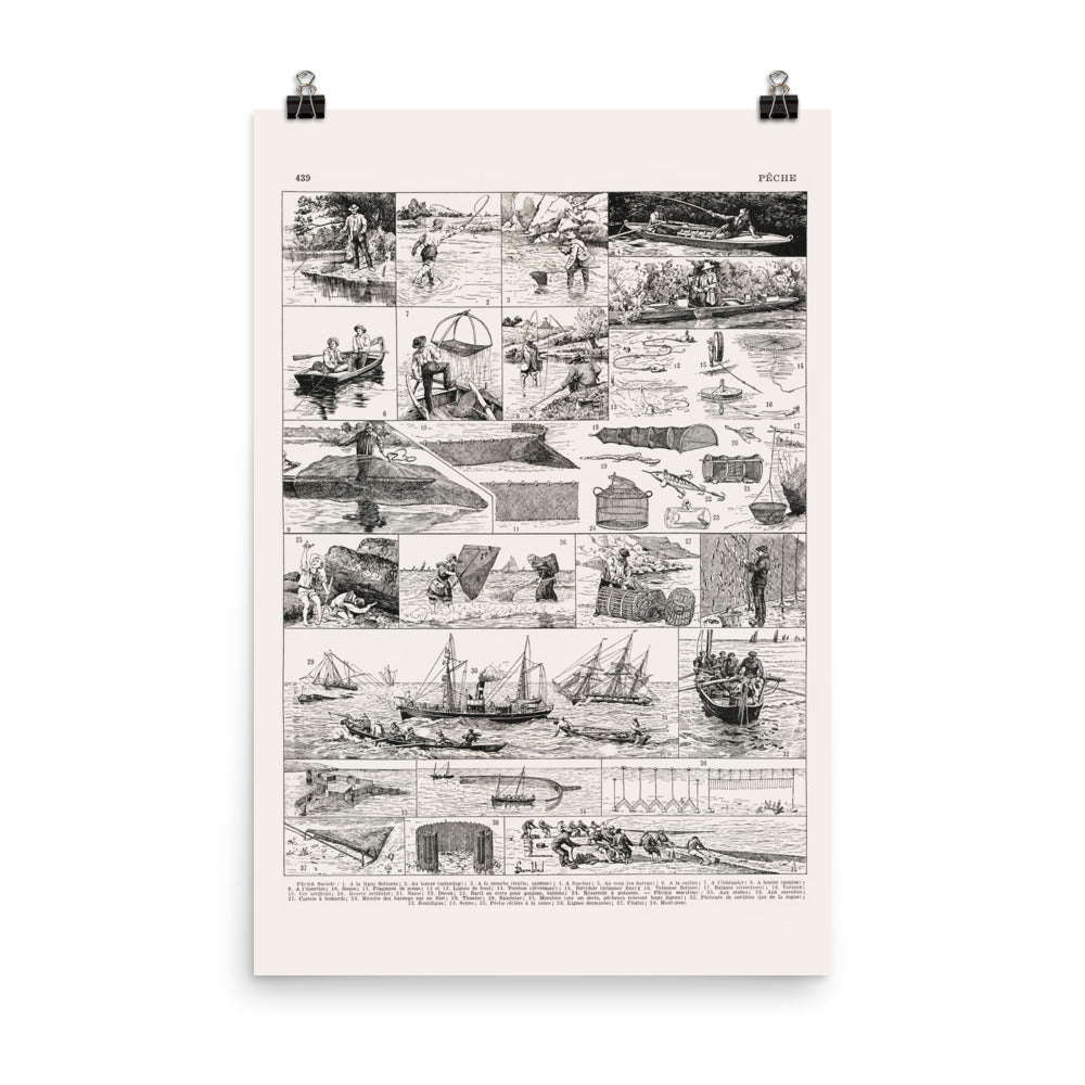 Large fishing wall art poster in black and white
