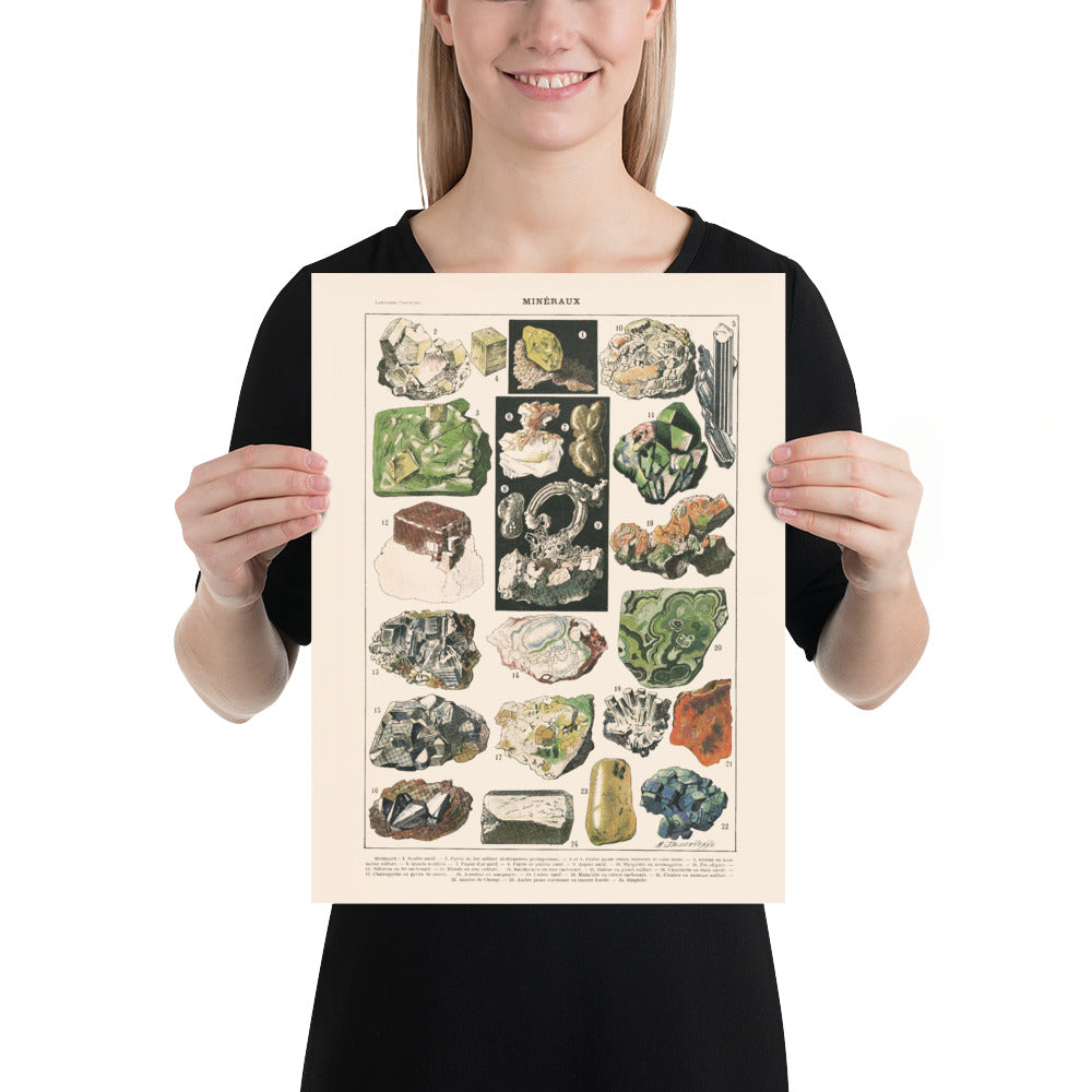 Large rocks and minerals poster on off-white background