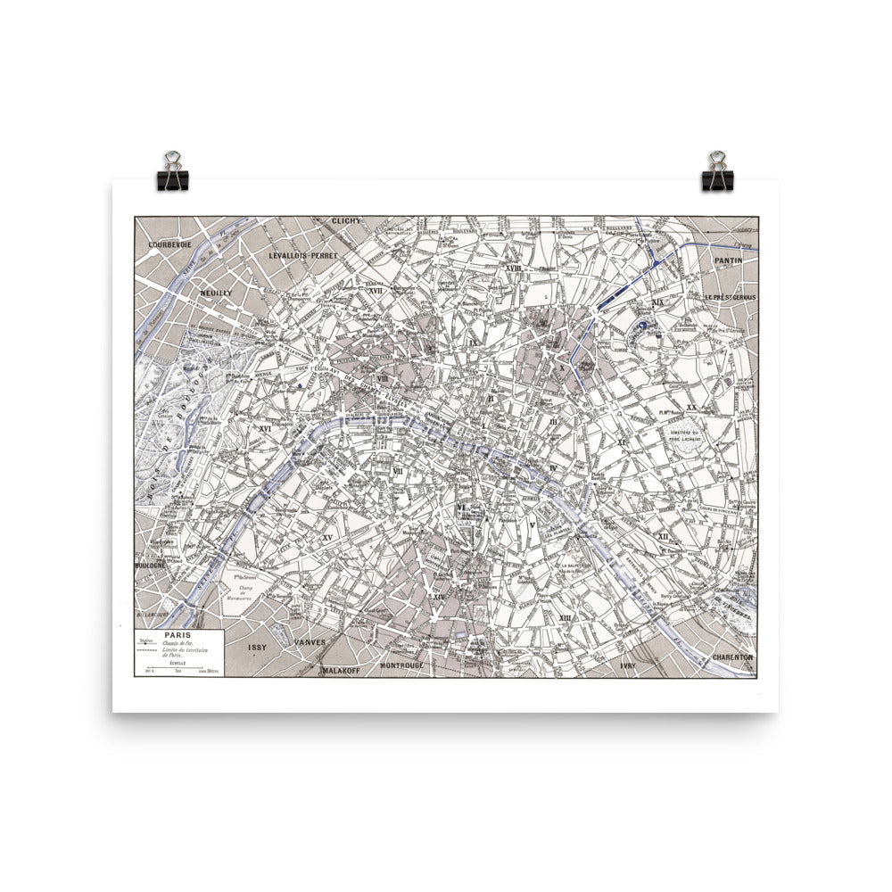 Large sepia & blue Paris map poster