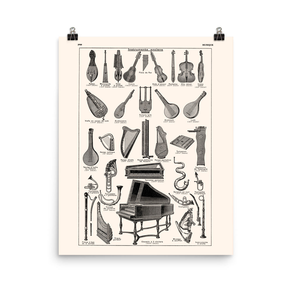 Large antique ancient musical instruments poster