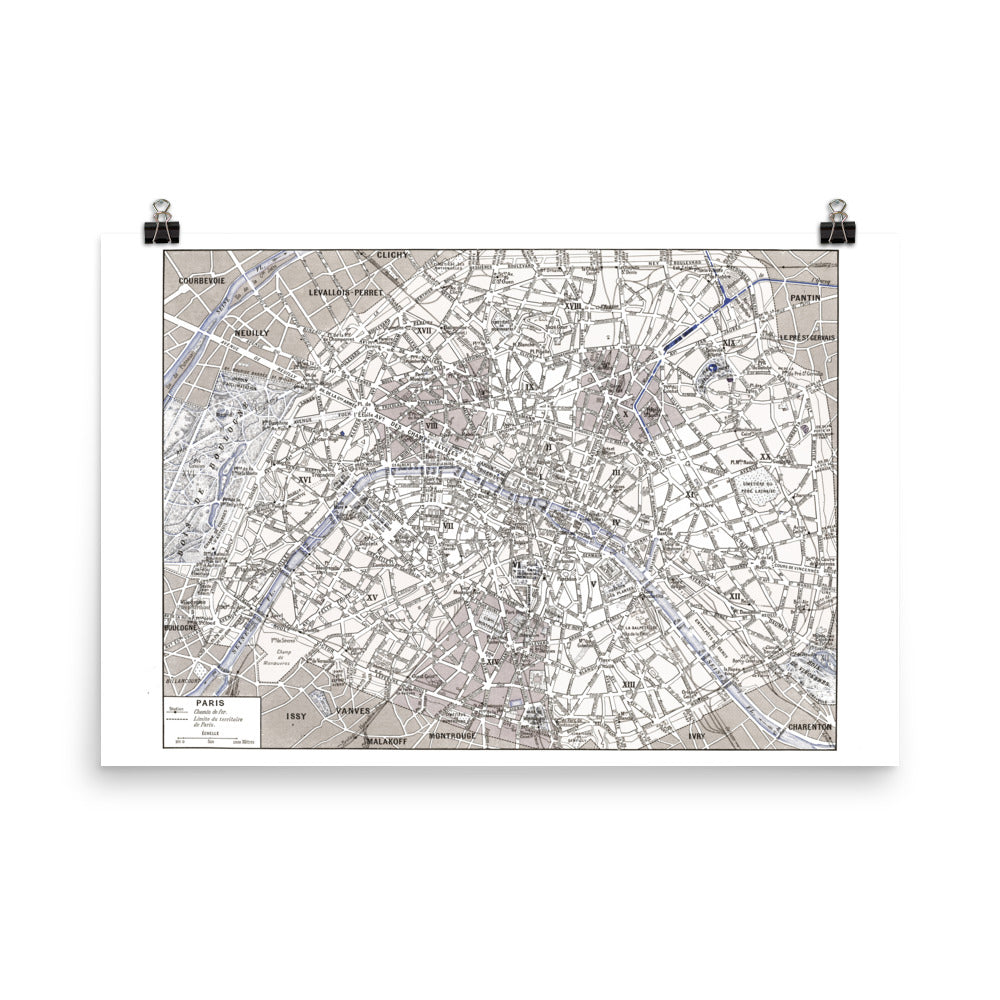 Large sepia & blue Paris map poster