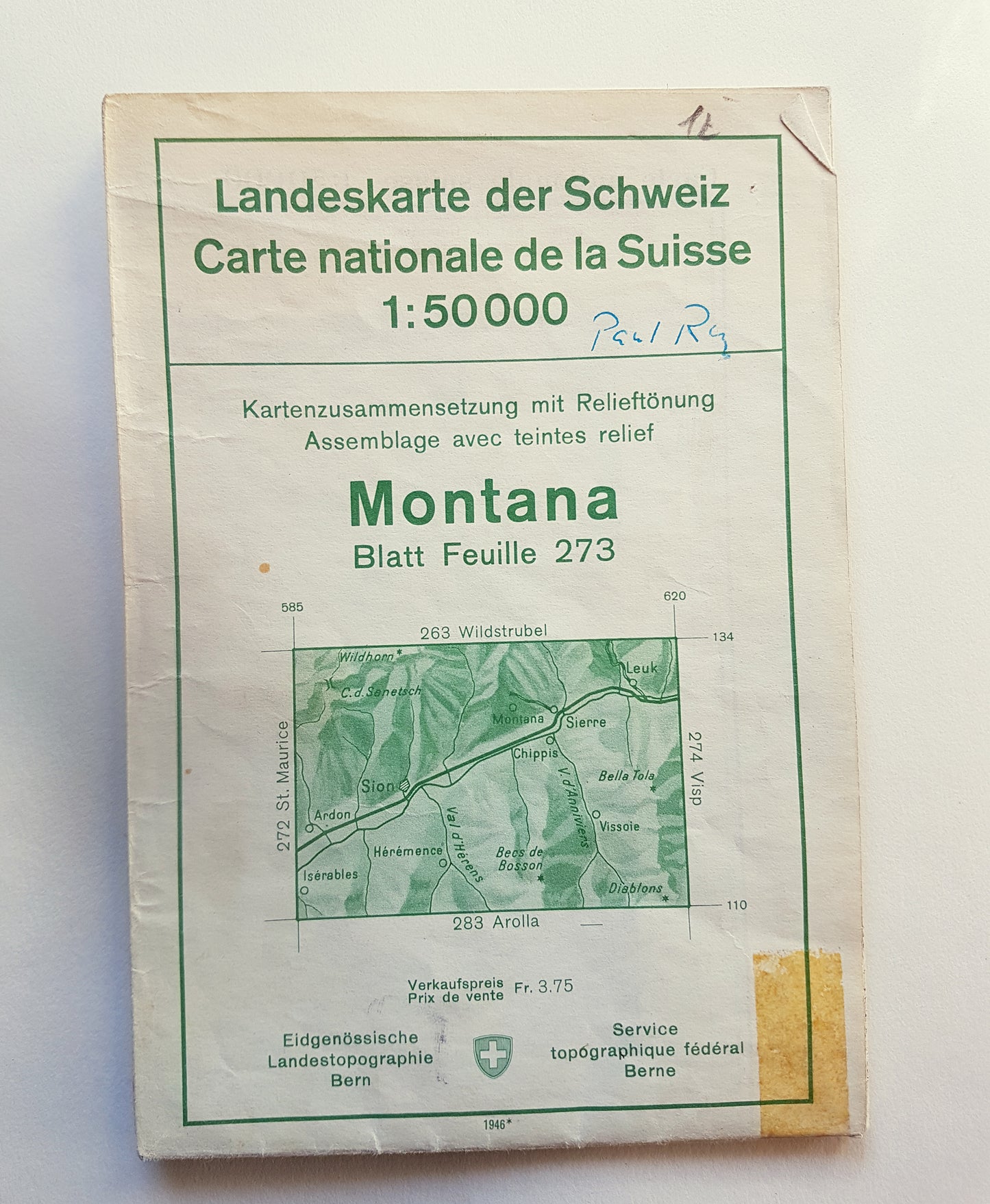 1946 Topographic map of the Swiss Alps Montana Wildhorn Sierre Cihipis Val d'Anniviers