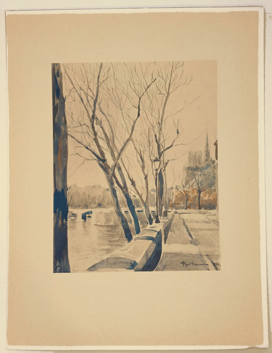 1951 Quais de Seine Notre Dame Jean Guillaume Paris watercolor reproduced by Daniel Jacomet