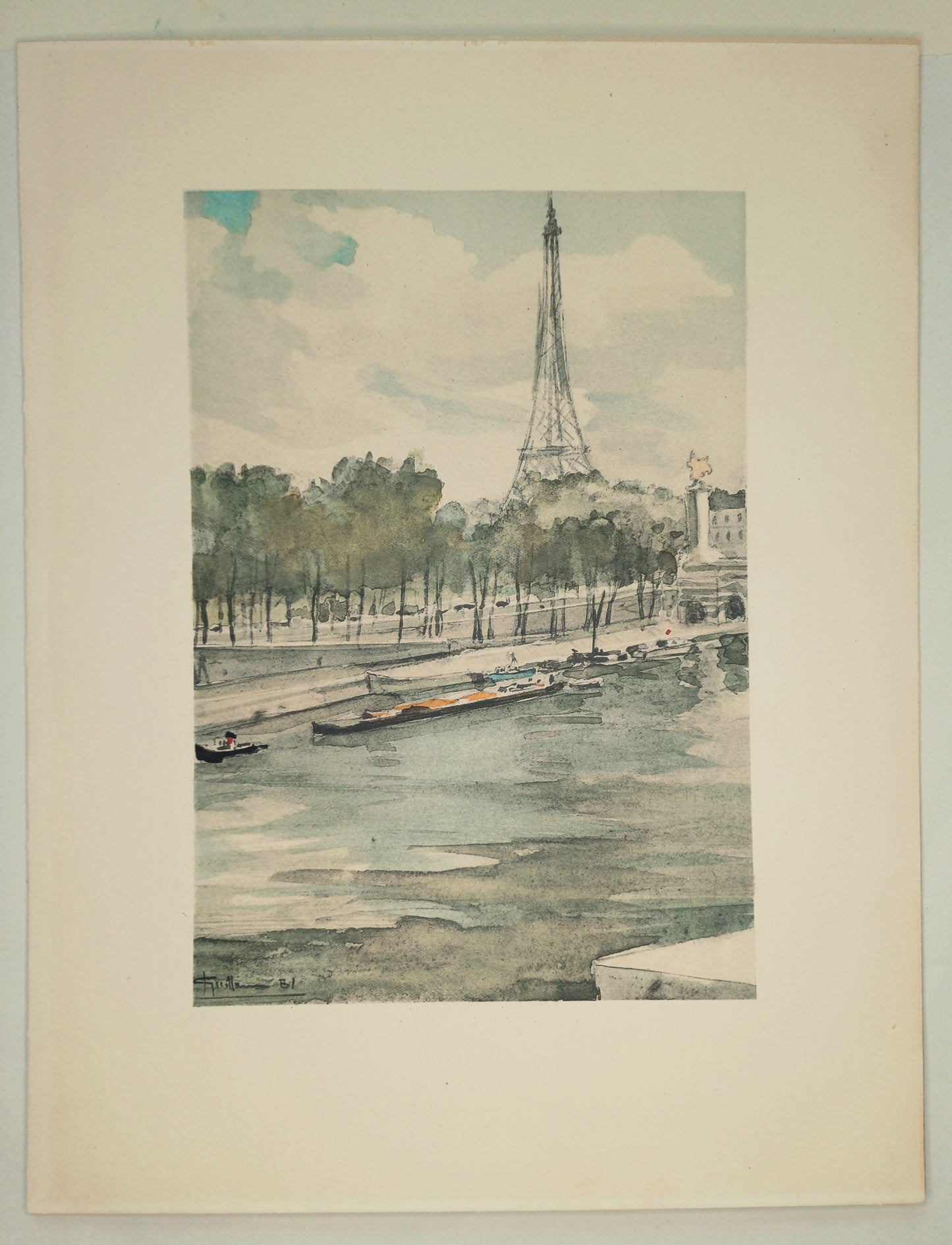 1951 Quais de la Seine Notre Dame de Paris aquarelle de Jean Guillaume reproduite par Daniel Jacomet. 
