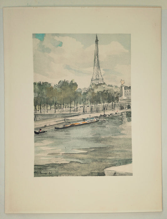 1951 Eiffel Tower Jean Guillaume Paris watercolor reproduced by Daniel Jacomet