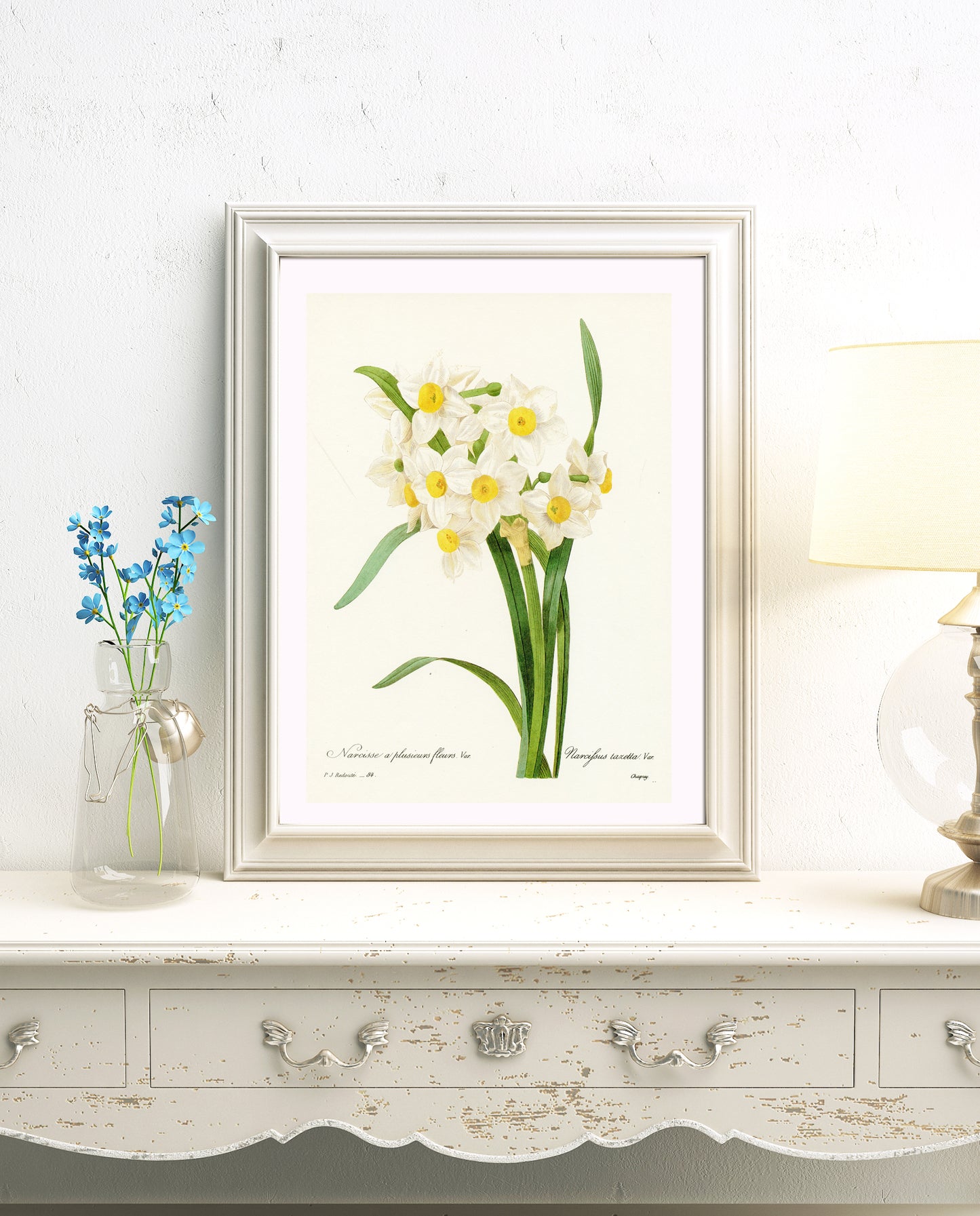 1986 Vintage White Dafffodils Botanical Print by Redouté