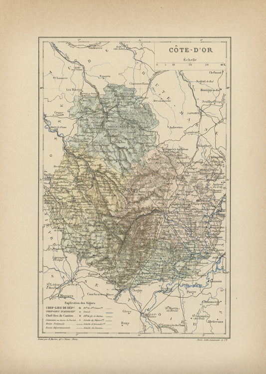 1892 Carte Ancienne de la Côte d'Or