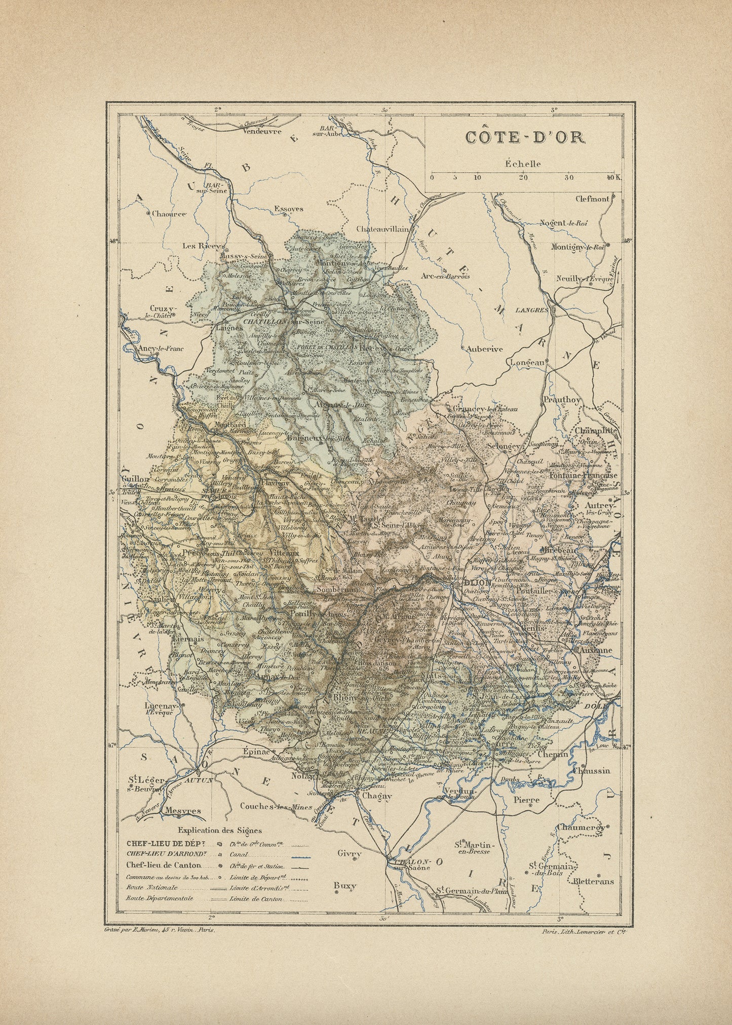 1892 Antique Map of Cote d'Or - France