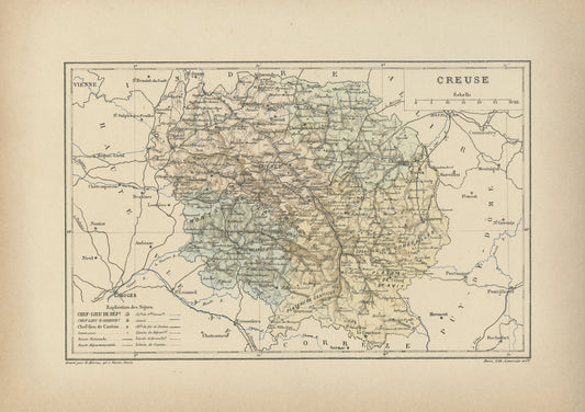 1892 Antique map of Creuse - France