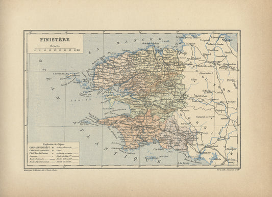 1892 Antique Map of Finistère - France